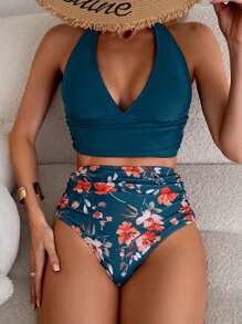 Swim Lushoire Ladies' Plain Spaghetti Strap Tankini Swimwear With Printed Swimming Trunks, Two-Piece Swimwear Summer