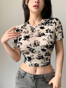 DAZY Women's Simple Daily Sheer Floral Short Sleeve Top Going Out Tops Summer,Crop Tops Women - Beige - View 7