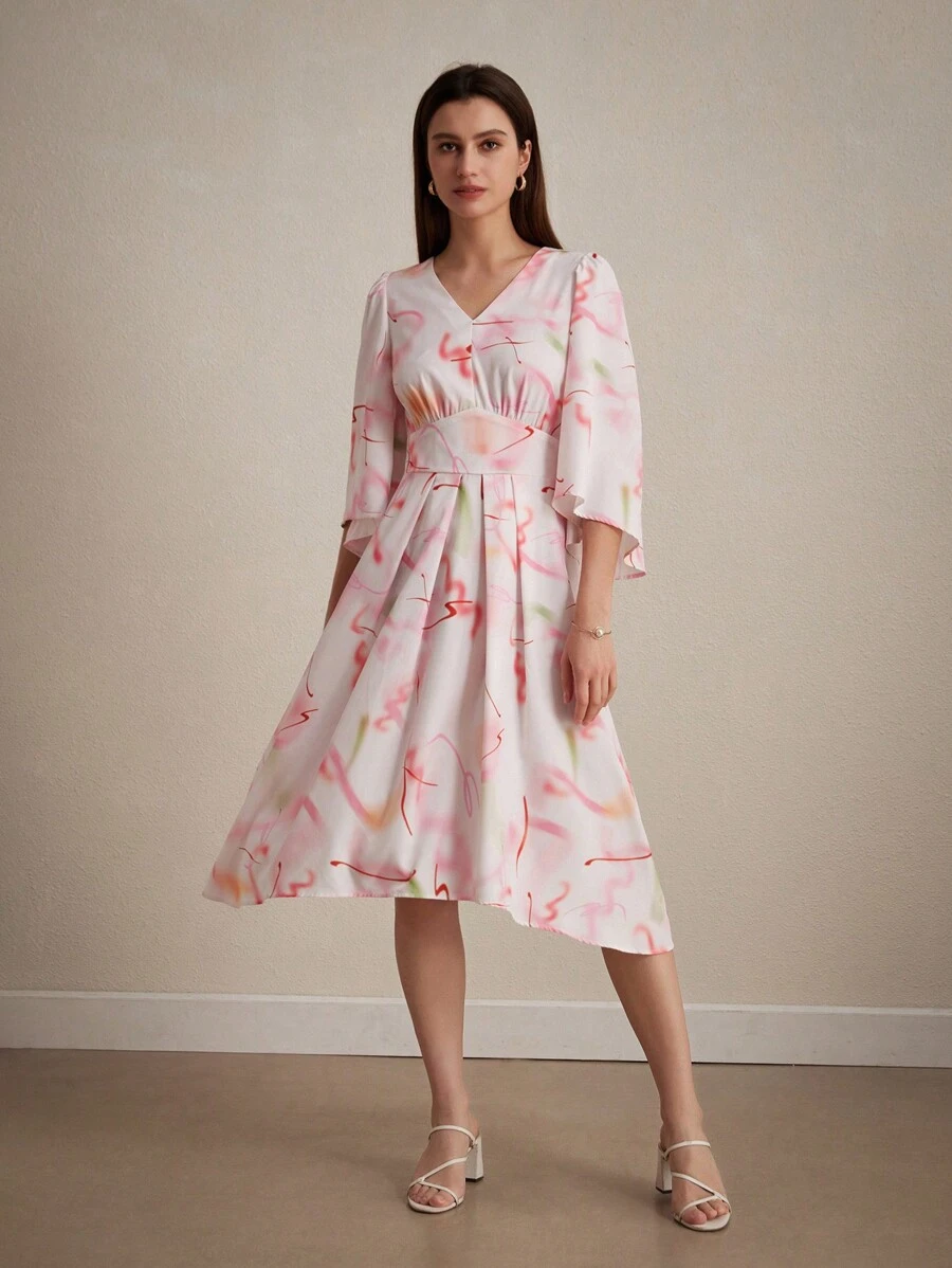 SHEIN Privé 隨機印花V領A字裙，蓬蓬袖設計，收腰腰身 - 彩色 - 查看 1