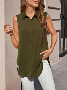 SHEIN Clasi Women's Solid Color Sleeveless Button Front Casual Shirt, Summer - Army Green - View 1