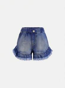 YOUNG GIRL Casual Cute Raw Hem Denim Shorts With Mushroom-Shaped Edges, Medium Blue Wash - Medium Wash - View 1