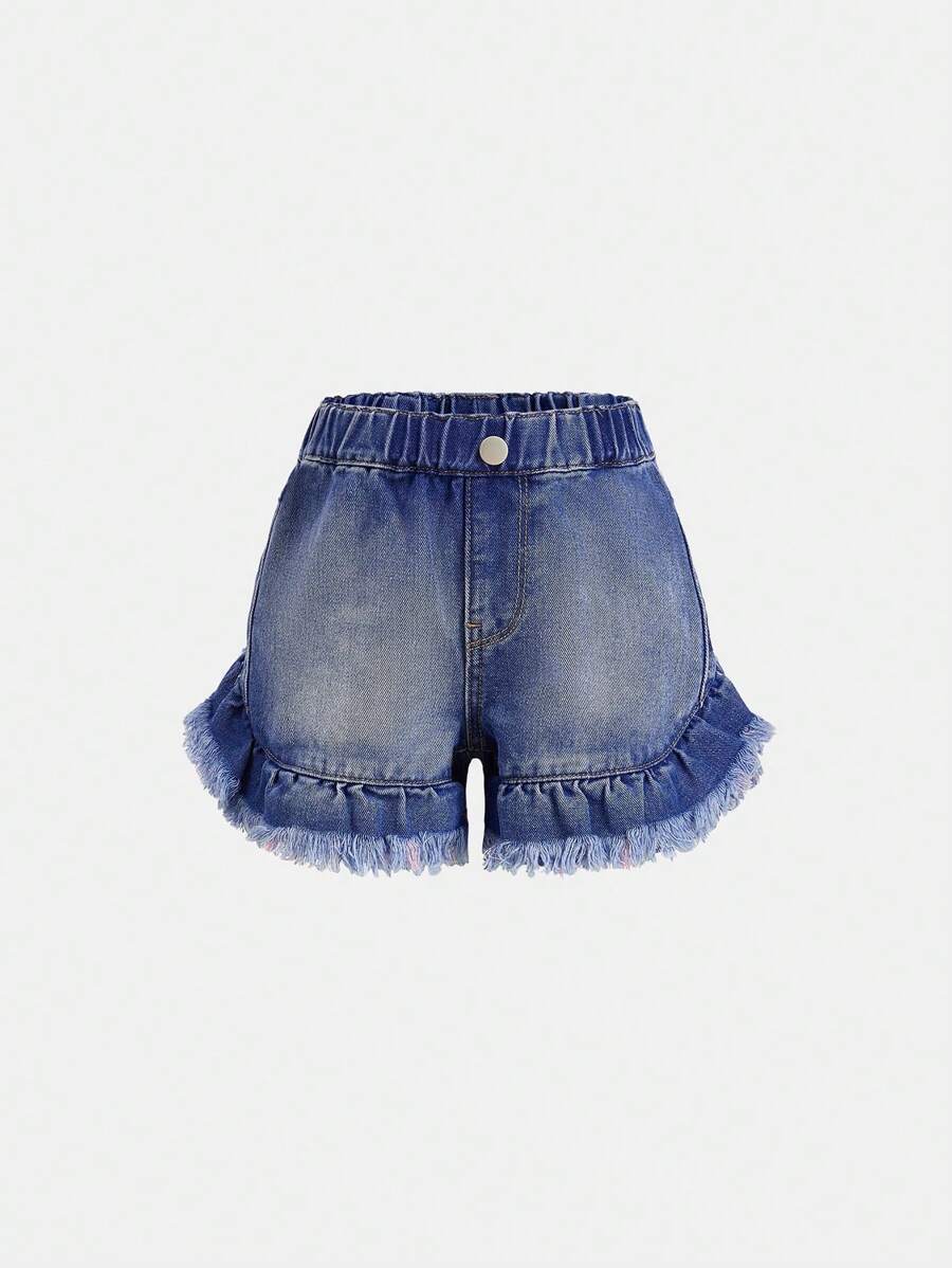 YOUNG GIRL Casual Cute Raw Hem Denim Shorts With Mushroom-Shaped Edges, Medium Blue Wash - Medium Wash - View 1