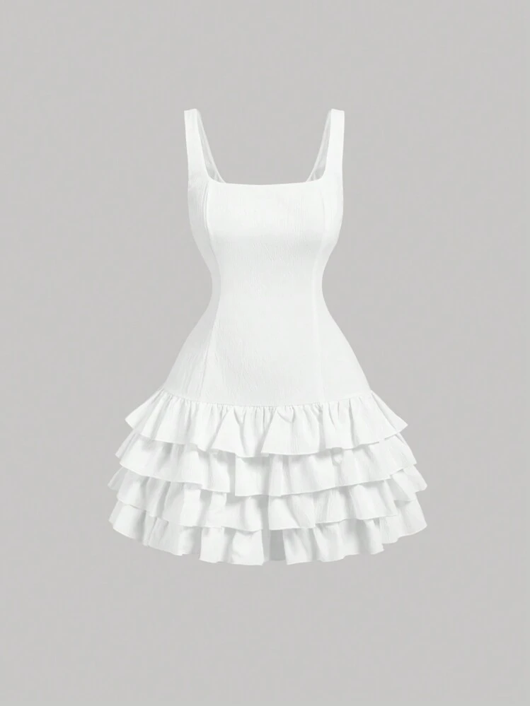 SHEIN MOD Vestido branco em camadas com bolo, lindo vestido de verão com decote quadrado, vestidos para formatura, vestidos formais para casamento, vestidos de madrinha, vestido estilo Bridgerton - Branco - Ver 1