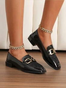 女士黑色网眼乐福鞋、粗跟穆勒鞋、休闲方头皮鞋 - 黑色 - 查看 4