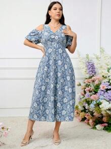 Modelyn Plus Size Elegant Flower Jacquard Open Shoulder Dress, Summer - Blue - View 3