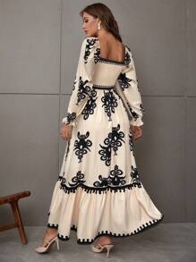 Breezaya Vintage Holiday Print Lantern Sleeve Dress With Empire Waist Maxi Vacation Beach Outfits Women - Apricot - View 2