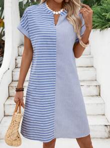 EMERY ROSE Women's Summer Striped Color Block Asymmetrical V-Neck Short-Sleeve Dress - Blue and White - View 1