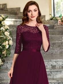 MIUSOL 蕾絲肩部荷葉邊雪紡連衣裙 - 酒紅色 - 查看 9