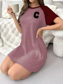 Vestido pijama de manga corta con bloqueo de color y estampado de letras, vestido de dormir de verano