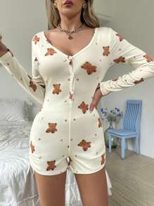 女士修身款小熊、星星和月亮印花连体衣，舒适优雅的细节设计，秋冬款 - 杏色 - 查看 4