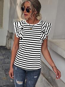 Opuloom Women's Summer Casual Striped Round Neck Cap Sleeve Tee Graphic Tees Women Tops - Black and White - View 5