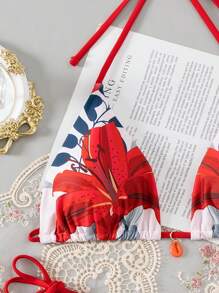 SHEIN Swim Women's Summer Beach Floral Print Halter Strap Sexy Bikini Set