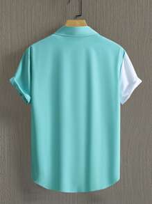 OTTIMOZO 男款夏季色塊短袖日常休閒襯衫，適用於工作和通勤 - 綠色 - 查看 2