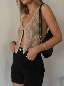 Chiquease 時尚短款針織背心，休閒基礎女士上衣 - 卡其色 - 查看 4