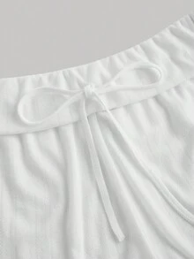 SHEIN MOD Quần short cạp thấp màu trắng có dây rút và viền ren chữ A Quần short cỡ lớn mang phong cách con gái - trắng - Xem 3