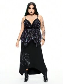 ROMWE Goth 大码夏季哥特式神秘蛇与花卉网眼全身印花对比蕾丝缎带蝴蝶结不对称性感吊带背心