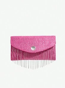 SHEIN SXY 女式時尚金屬塗層草編鍊條流蘇手拿包，完美適用於夏季和度假 - 玫紅色 - 查看 2