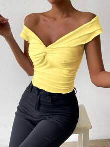 Allurite Blusa para mujeres con hombros al descubierto, sencilla y de unicolor para uso diario - Amarillo - Ver 4