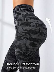 Easithlete Camo Print Wideband Waist Sports Leggings - Black - View 5