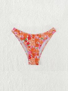 SHEIN Swim Women's Summer Beach Orange Floral Print Bikini Bottom With Random Print - Multicolor - View 6