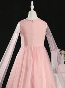 SHEIN Tween Girl Wedding Season Lace Contrast Mesh Applique V-Neck Long Sleeve Formal Dress For Weddings, Flower Girls, Banquets, Birthdays, Parties