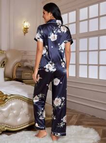 Botanical Print Collared Shirt And Pants Pajama Set With Satin Finish - Black - View 2