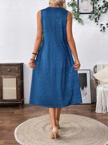 SHEIN LUNE 藍色無袖圓領簡約寬鬆連衣裙 - 藍色 - 查看 3