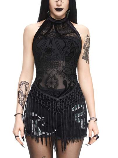 Goth Haut de réservoir à franges de style vintage avec un motif floral sexy pour femmes en vacances
