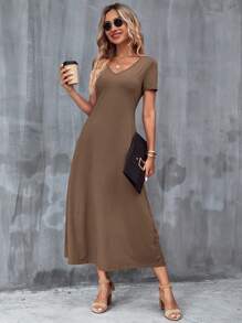 SHEIN Clasi 女士夏季休閒純色束腰連衣裙 - 摩卡棕 - 查看 5