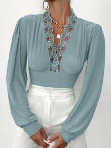 EURMUSE Guipure Lace Insert Lantern Sleeve Blouse - Green - View 4