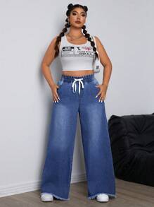 SHEIN ICON Plus Size Solid Color Drawstring Boyfriend Jeans With Pockets, Wide Leg And Straight Cut