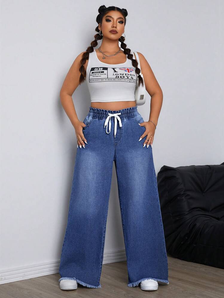 SHEIN ICON Jeans boyfriend de talla grande de unicolor con cordón, de pierna ancha y corte recto, con bolsillos - Azul - Añade 3