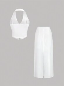 SHEIN Unity 夏季單排扣雙肩帶上衣和裙子套裝 - 白色 - 查看 2