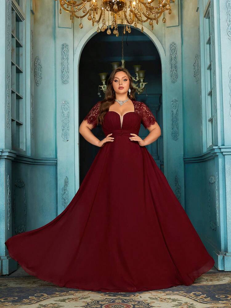 QOQ Edles, elegantes Damen Abendkleid in Große Größen mit einfarbiger Spitze und Chiffon, für formelle Anlässe wie Dinner, Geburtstagsfeiern, Galas, Cocktailpartys, Valentinstag - Bordeaux - Übersicht 3