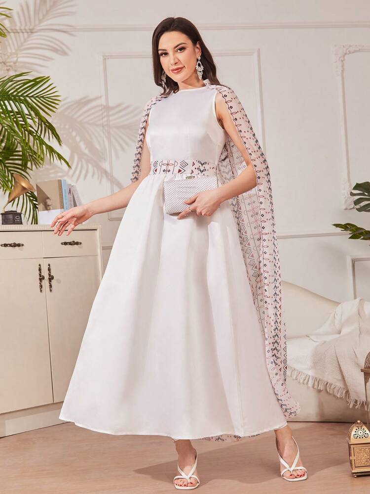 Summer Women's Geometric Print Sleeveless Long Elegant Dress With Round Neckline