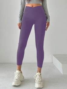 DAZY Quần legging nữ màu trơn bất đối xứng tập luyện hàng ngày Quần legging thông thường - Màu tím  Violet - Xem 5