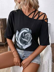 Breezaya Asymmetrisches Rundhals-Kurzarm-T-Shirt für Damen mit lockerer Passform und Rosen-Muster, Sommer