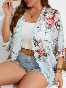 SHEIN Frenchy 大尺碼夏季花卉印花蕾絲修邊和服，鄉村節日裝束海灘女裝 - 淺藍色 - 查看 4