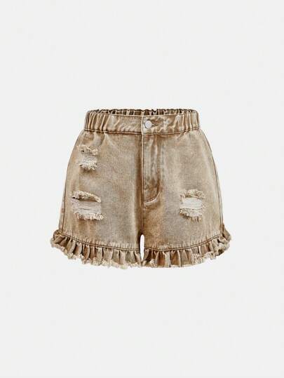 Teen Girl Street Style Acid Wash Raw Hem Denim Shorts With Frill Trimmed Design
