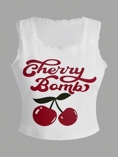 Kawaii Plus Size Women's Letter & Cherry Printed Tank Top, Cherry Bomb For Summer