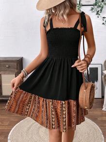 Breezaya Contrast Color Spliced Shirred Dress With A Tie