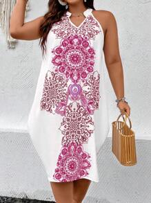 SHEIN LUNE 大碼印花缺口領洋裝 - 白色 - 查看 8