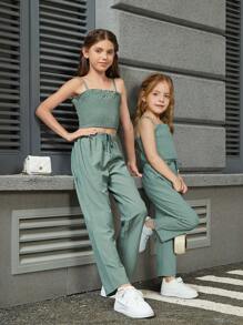 Young Girl Casual Fashion Solid Color Camisole Top With Ruffle Trim And Drawstring Wide Leg Pants Set, Family Matching Outfits Mommy And Me (2 Sets Sold Separately)