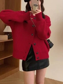 Women Casual Solid Color Loose Cardigan - Red - View 1