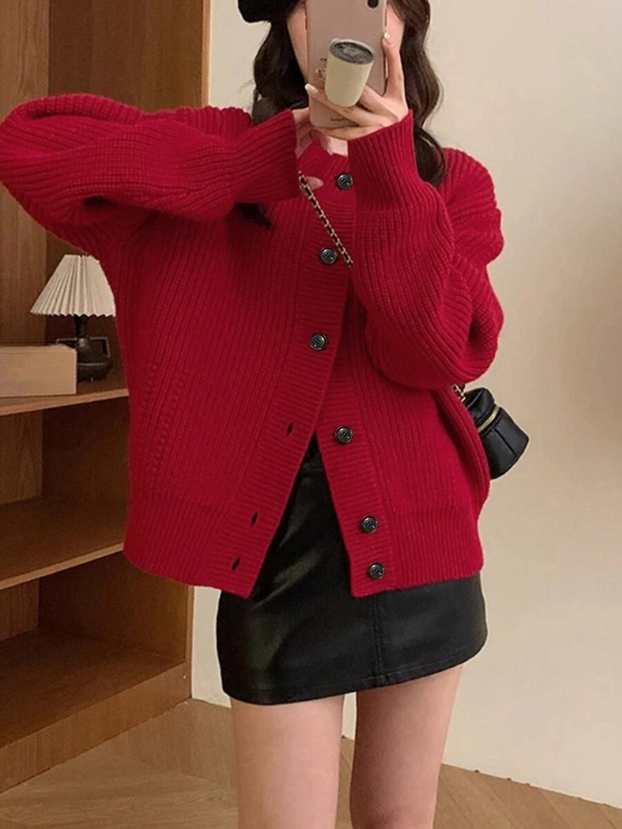 Women Casual Solid Color Loose Cardigan - Red - View 1