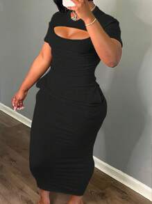 Slaydiva Đầm dệt kim tay ngắn cổ tròn gợi cảm cơ bản dành cho nữ, H - màu đen - Xem 1