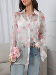 Mulvari Camisa de estilo vacacional para mujer con estampado floral de manga larga