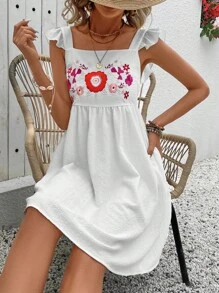 SHEIN VCAY Váy có đường viền cổ vuông mùa hè dành cho nữ Váy có mũ tay xếp nếp có họa tiết hoa thêu và thiết kế váy chữ A để mặc thường ngày và đi nghỉ - trắng - Xem 6