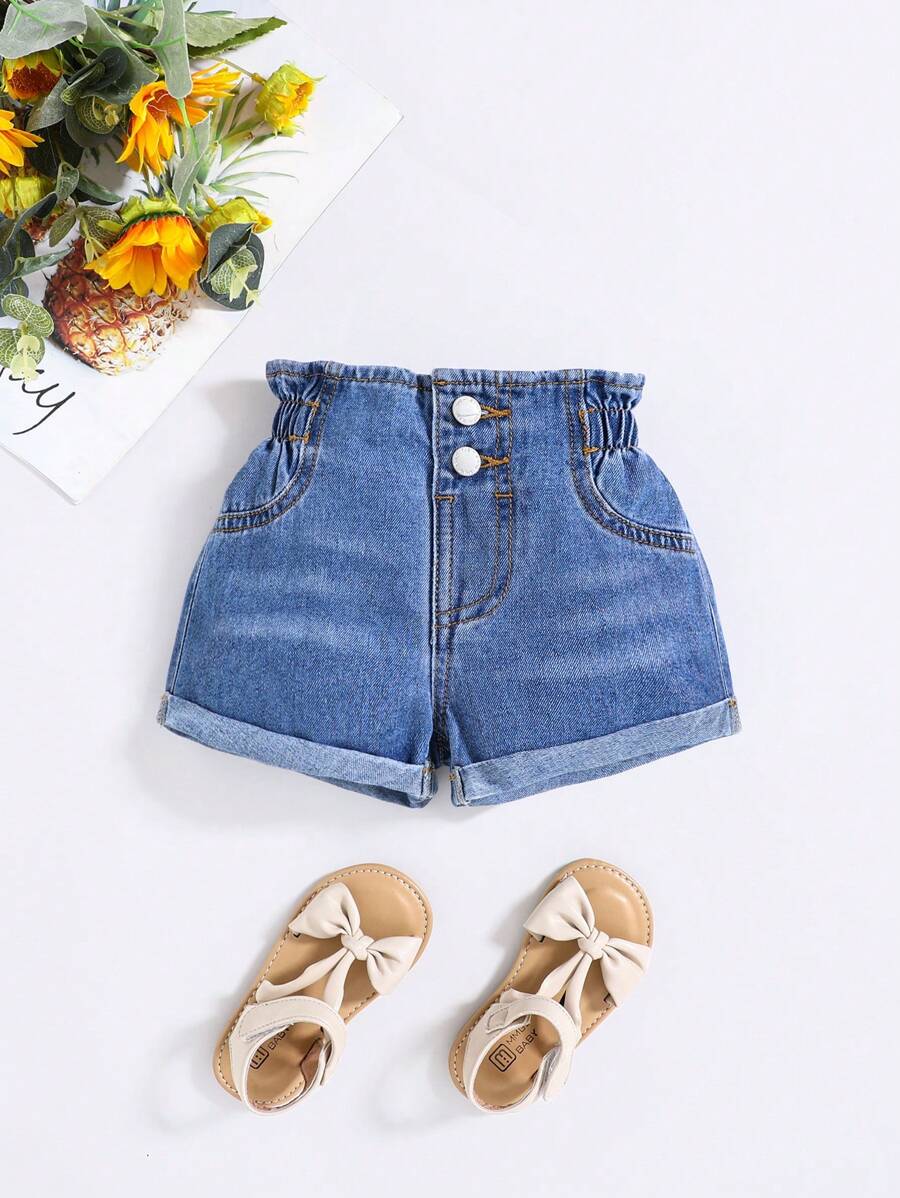 SHEIN 嬰兒女孩時尚女裝夏季蕾絲修邊牛仔短褲 - 中等水洗藍 - 查看 1