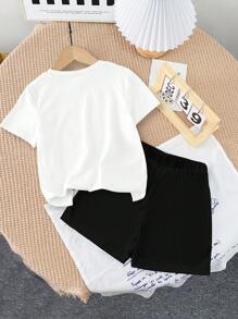 少女圓領眼鏡印花短袖T恤和短褲套裝，夏季 - 黑色 - 查看 2